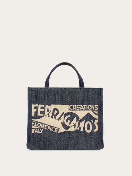 Ferragamo | Women's Tote Bag With Logo - Denim/Natural