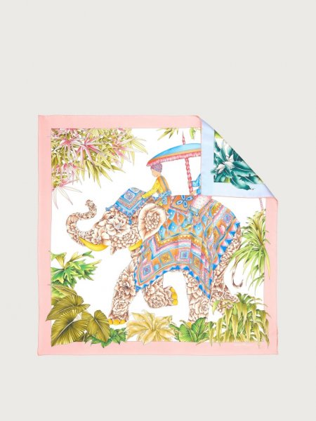 Ferragamo | Women's India Print Silk Scarf - Ivory/Pink/Light Blue