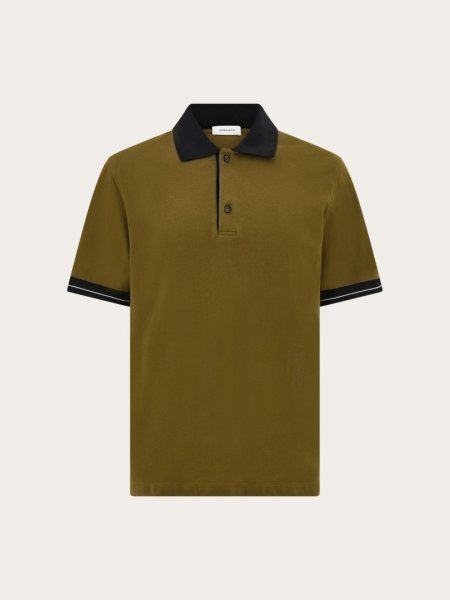 Ferragamo | Men's Polo Shirt With Color Block Detail - Olive Green/Black/White