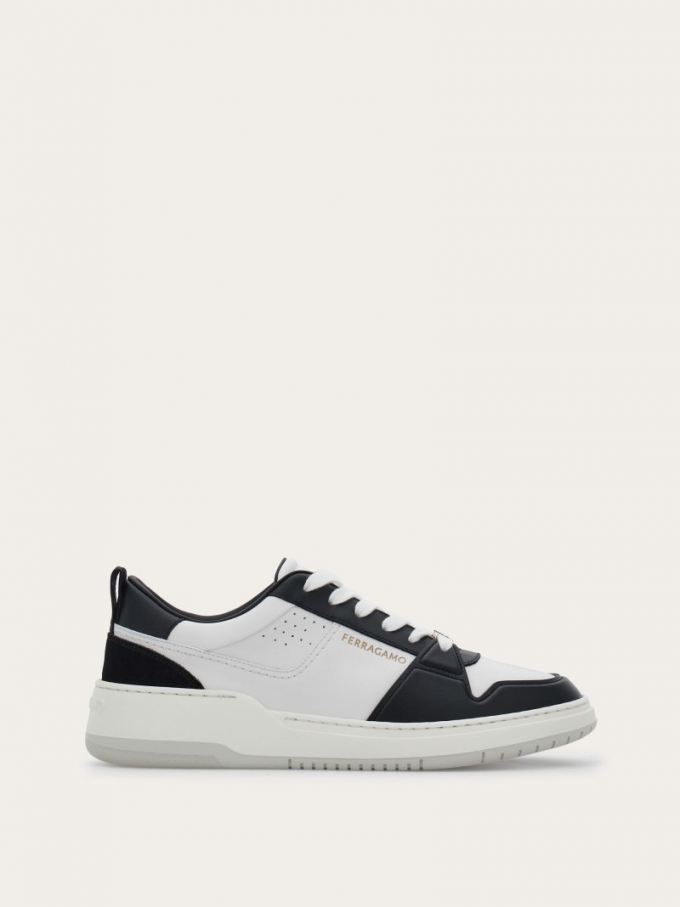 Ferragamo | Men's Suede Patch Skate Sneaker - Black/White