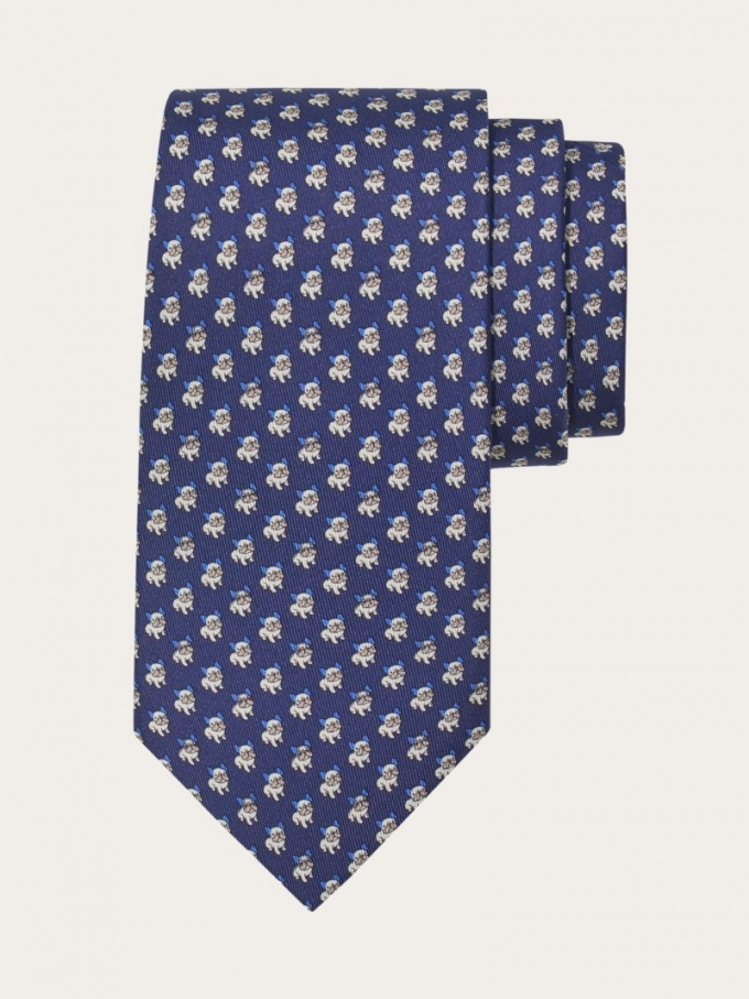 Ferragamo | Men's Bulldog Print Silk Tie - Navy Blue