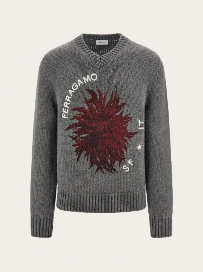 Ferragamo | Men's Knitted Sweater With Dahlia Motif - Grey M