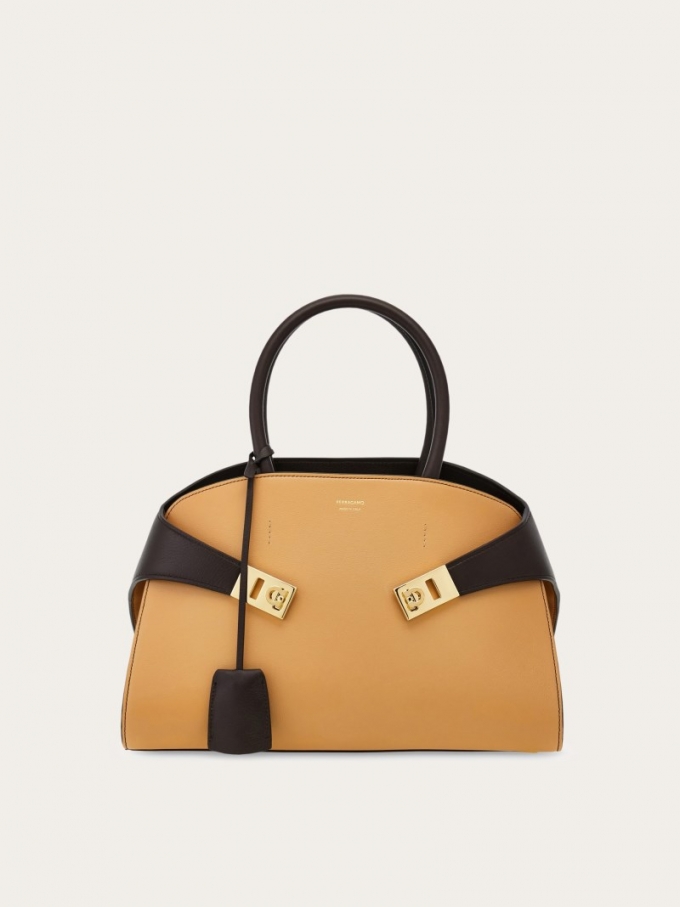 Ferragamo | Women's Hug Bicolor Handbag - Light Camel/Testa Di Moro