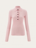 Ferragamo | Women's Long Sleeved Ribbed Knit Polo Top - Cotton Candy