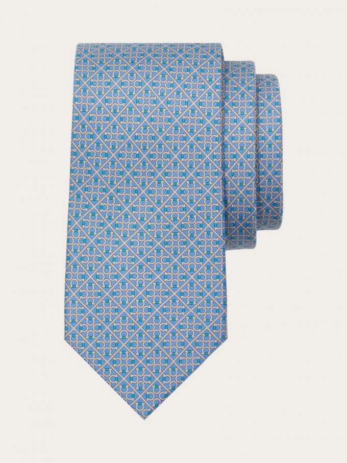 Ferragamo | Men's Square Gancini Print Silk Tie - Light Blue