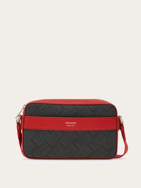 Ferragamo | Men's Monogram Crossbody Bag - Black/Grey/Flame Red