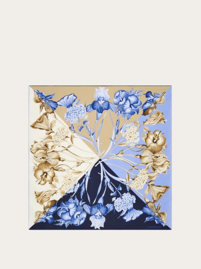 Ferragamo | Women's Hydrangea Print Silk Scarf - Navy Blue/Stone