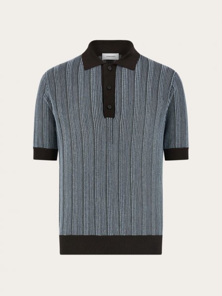 Ferragamo | Men's Polo With Vertical Stripes - Espresso/Light Blue