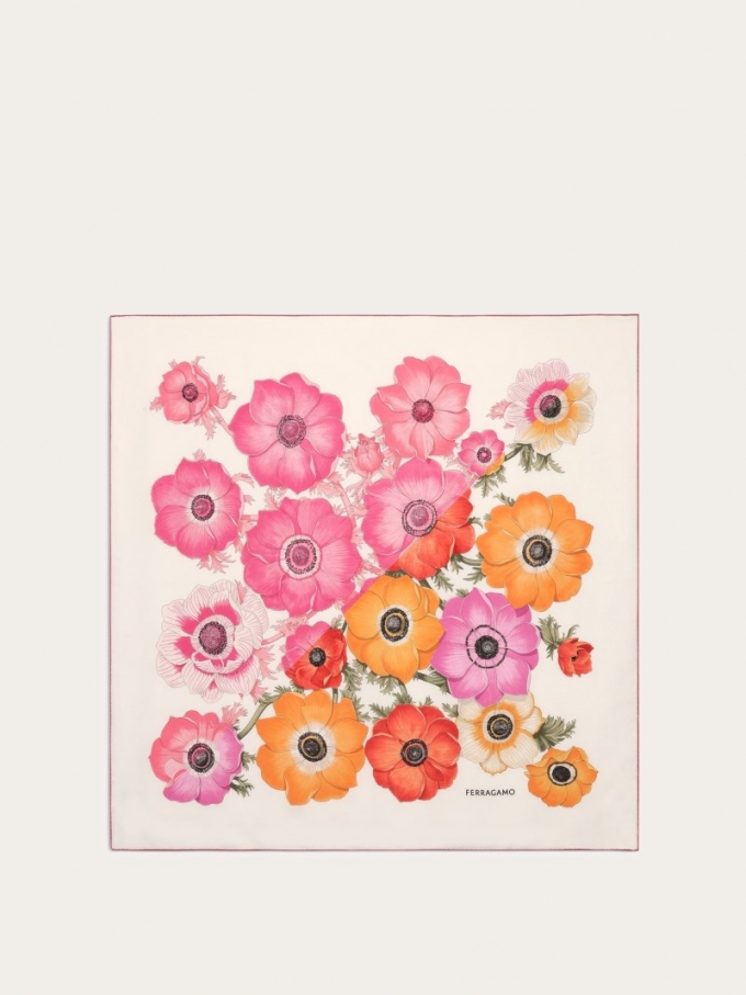 Ferragamo | Women's Anemone Print Silk Foulard - Ivory/Pink/Orange