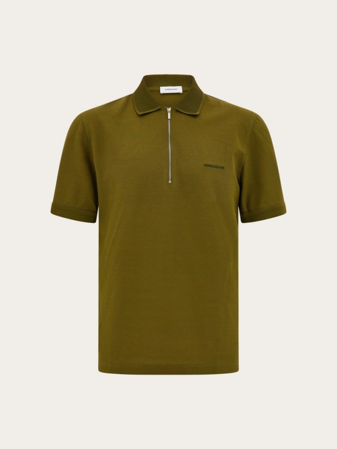 Ferragamo | Men's Polo Shirt With Zip Collar - Olive Green