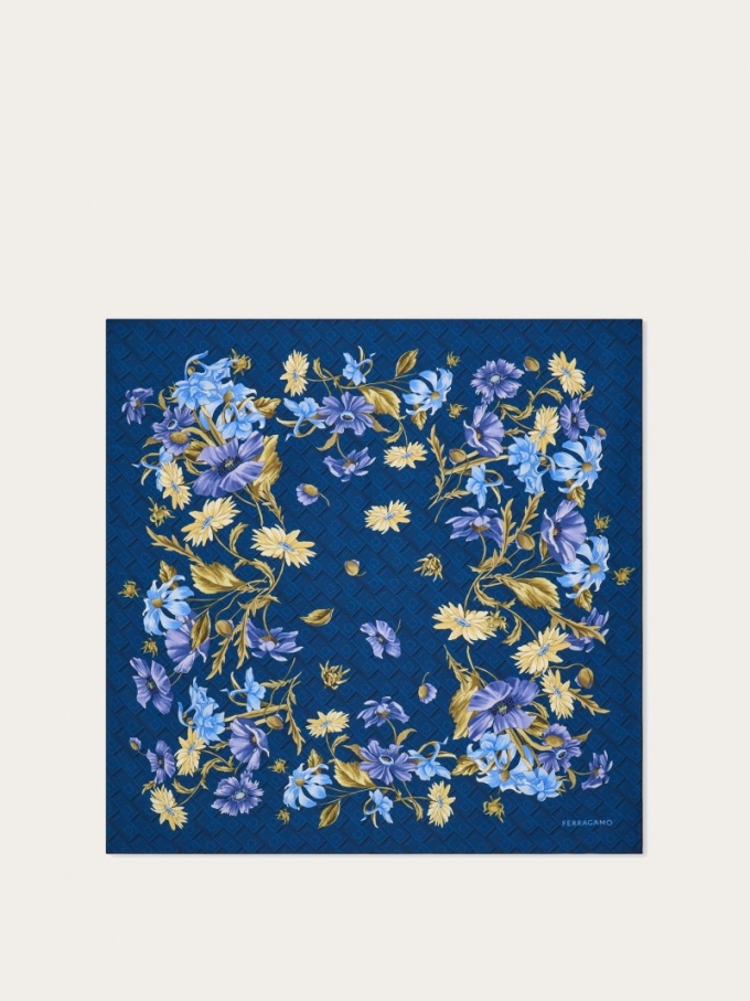 Ferragamo | Women's Bouquet Print Silk Scarf - Teal Blue