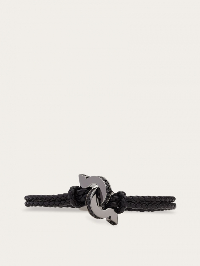 Ferragamo | Men's Bracelet With Intertwined Gancini - Black (Size 19)