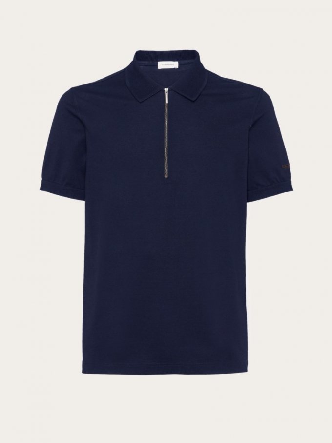 Ferragamo | Men's Polo With Zip Collar - Navy Blue