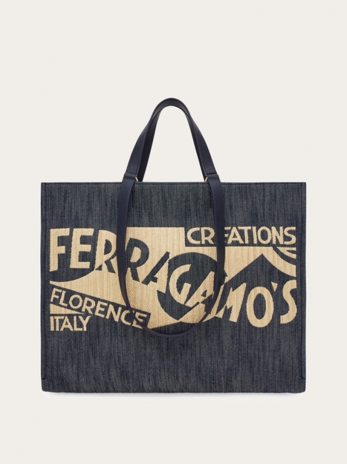 Ferragamo | Women's Tote Bag With Logo - Denim/Natural