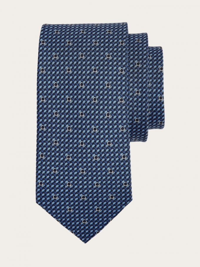 Ferragamo | Men's Gancini Print Silk Tie - Navy Blue/Blue