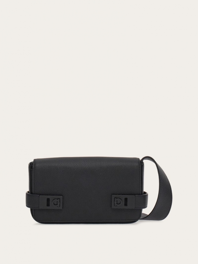 Ferragamo | Men's Crossbody Bag With Gancini Buckles - Black