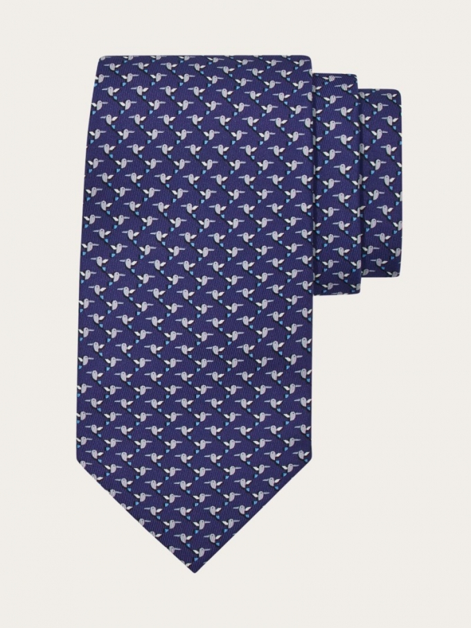 Ferragamo | Men's Hummingbird Print Silk Tie - Navy Blue