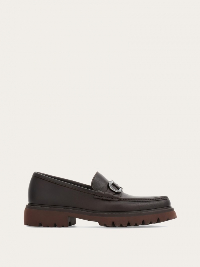 Ferragamo | Men's Moccasin With Gancini Ornament - Testa Di Moro