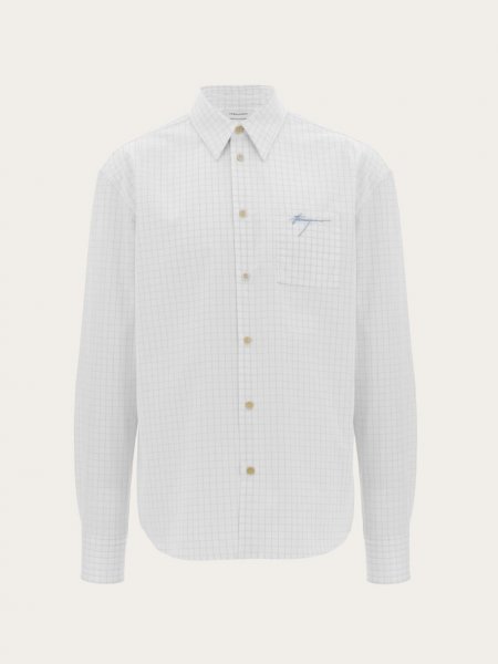 Ferragamo | Men's Micro Checked Long Sleeved Shirt - White/Blue