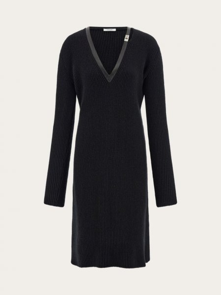 Ferragamo | Women's Knitted Wool Dress With Leather Trim - Black