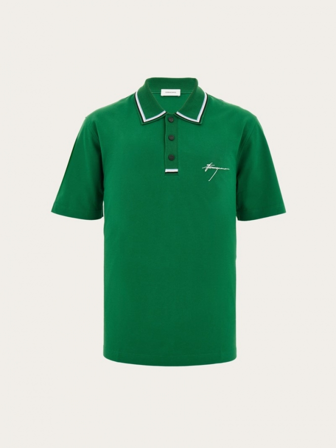 Ferragamo | Men's Cotton Polo Shirt With Signature - Forest Green