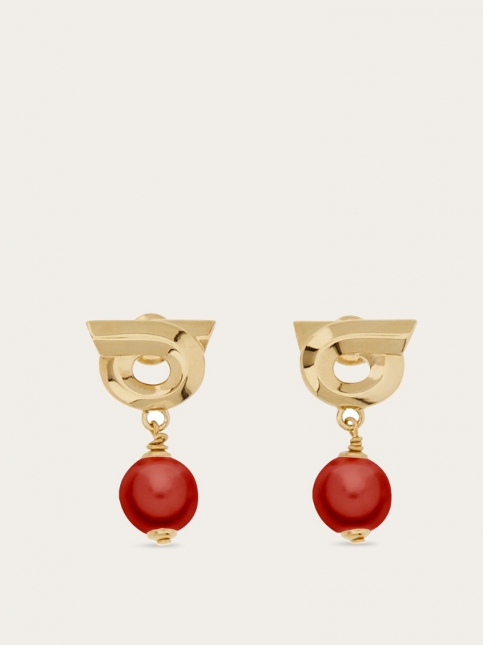 Ferragamo | Women's Gancini Earrings With Glass Pearl - Gold/Red