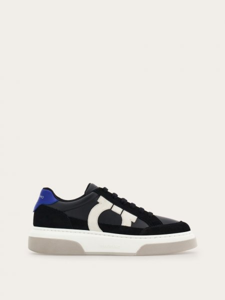 Ferragamo | Men's Low Cut Sneaker With Gancini Outline - Black/Mascarpone