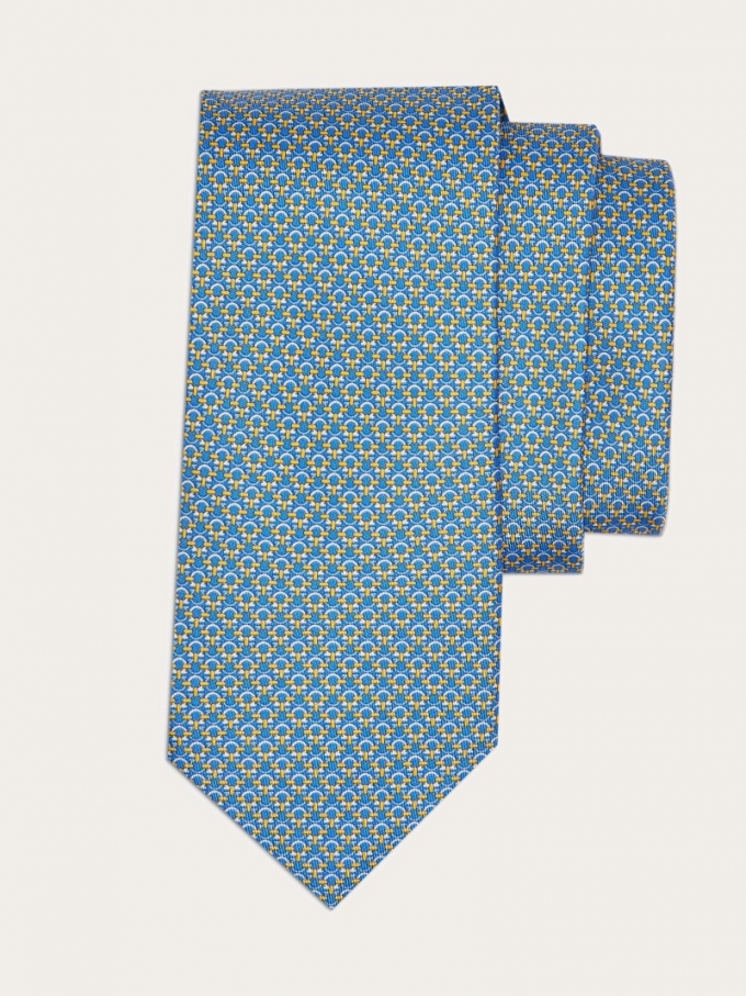 Ferragamo | Men's Gancini Print Silk Tie - Royal Blue/Yellow