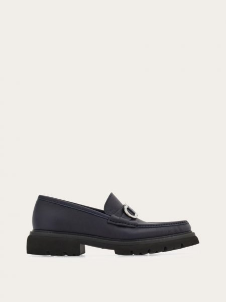 Ferragamo | Men's Moccasin With Gancini Ornament - Navy Blue