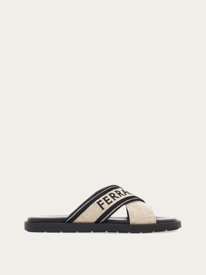 Ferragamo | Men's Sandal With Crossover Straps - Beige/Black