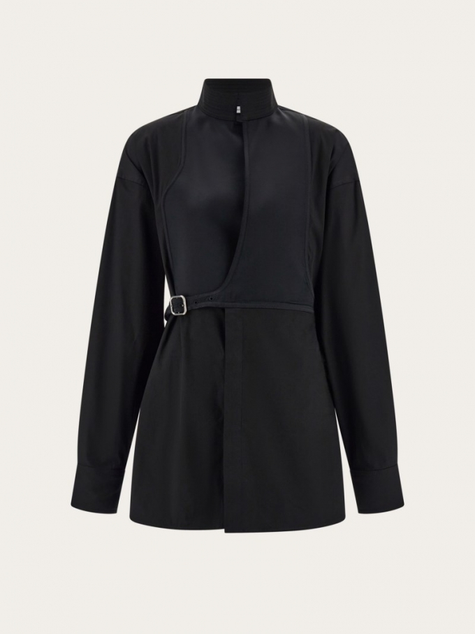 Ferragamo | Women's Long Sleeved Shirt With Bib Detail - Black