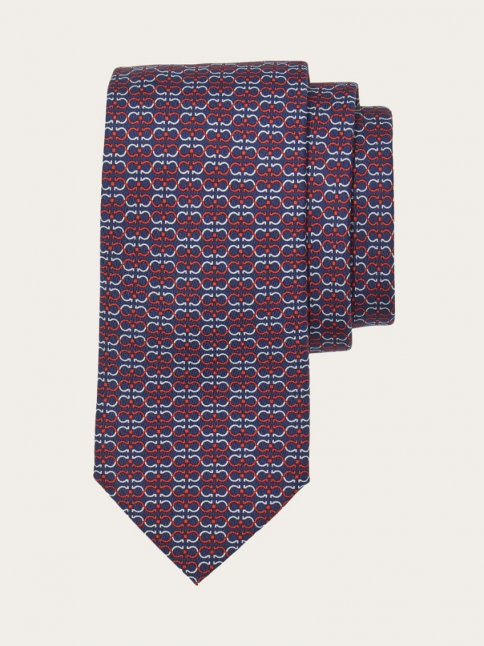 Ferragamo | Men's Gancini Print Silk Tie - Navy Blue/Red