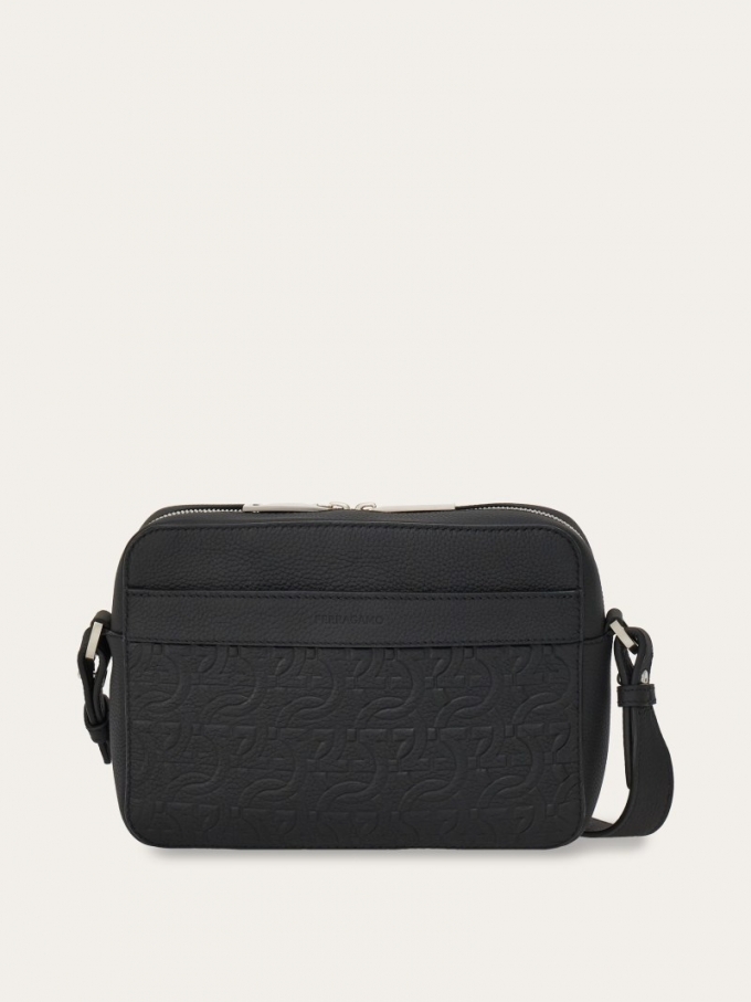 Ferragamo | Men's Embossed Gancini Crossbody Bag - Black