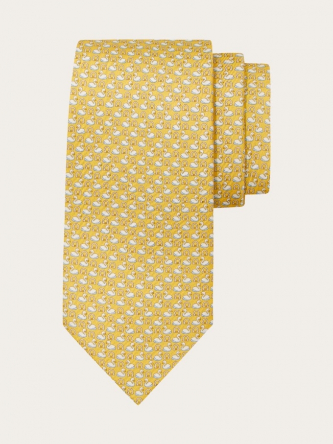 Ferragamo | Men's Swan Print Silk Tie - Yellow