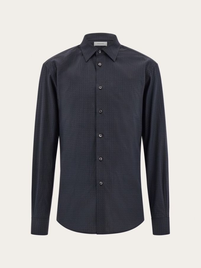 Ferragamo | Men's Micro-Patterned Shirt - Black/New Navy Blue