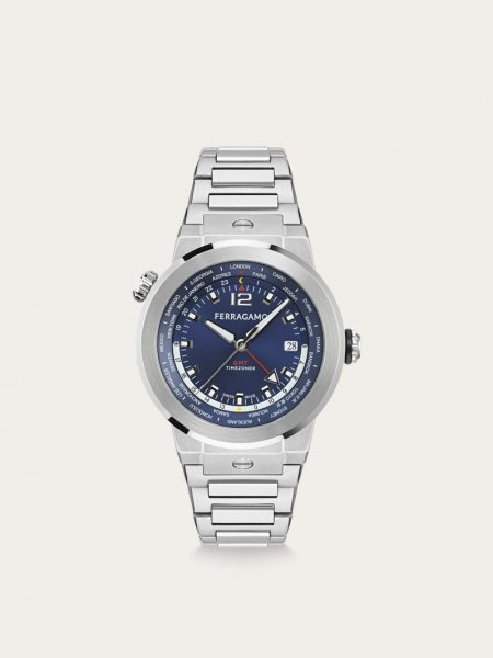 Ferragamo | Men's F-80 Gmt Watch - Stainless Steel/Blue