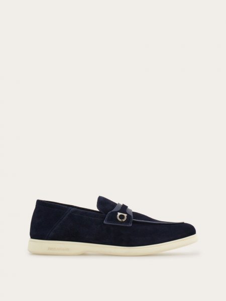 Ferragamo | Men's Deconstructed Loafer With Gancini Ornament - Midnight Blue