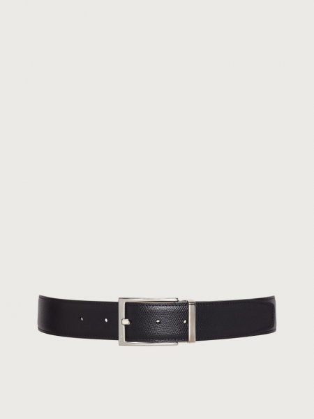 Ferragamo | Men's Reversible And Adjustable Belt With Rectangular Buckle - Black/Hickory