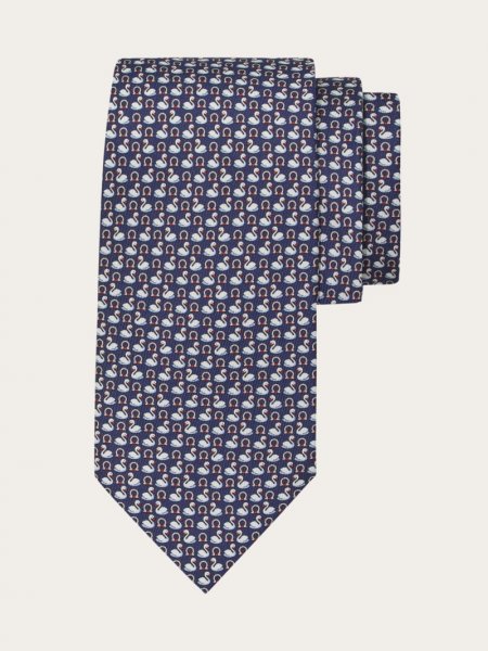 Ferragamo | Men's Swan Print Silk Tie - Navy Blue