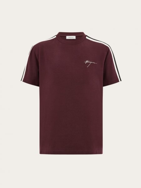 Ferragamo | Men's Short Sleeved T-Shirt With Contrasting Stripe - Oxblood