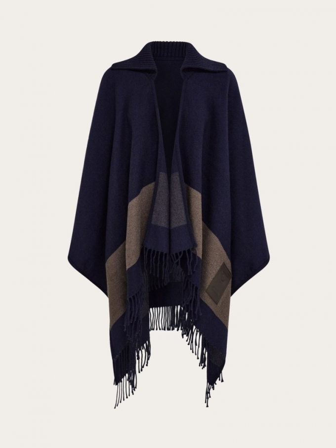 Ferragamo | Women's Fringed Cape - Navy Blue/Clay