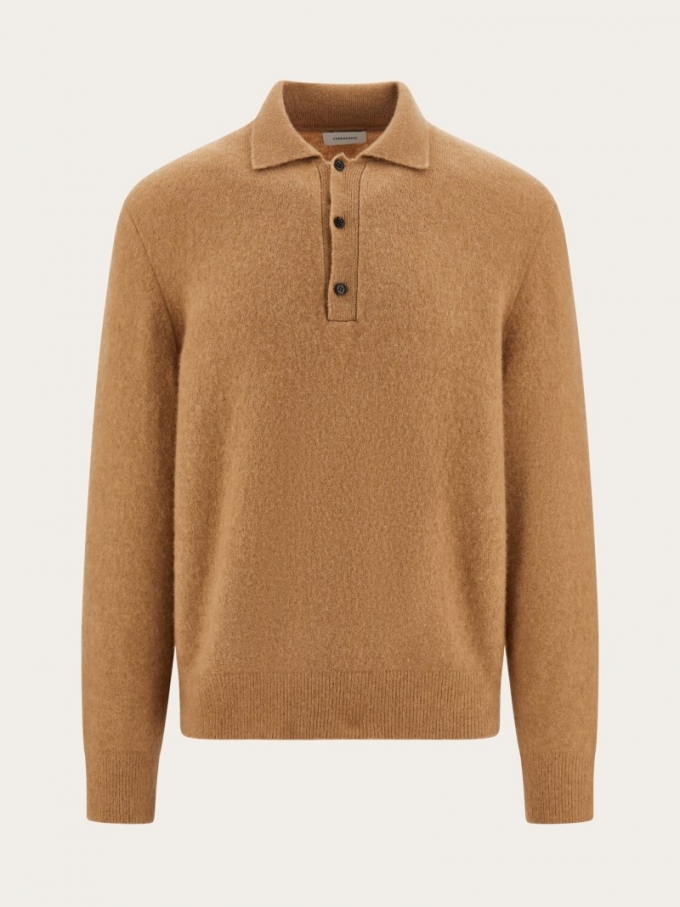 Ferragamo | Men's Long Sleeved Camel And Silk Polo Shirt - Camel