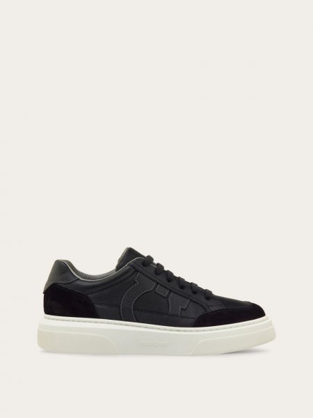 Ferragamo | Men's Low Top Sneaker With Gancini Ornament - Black