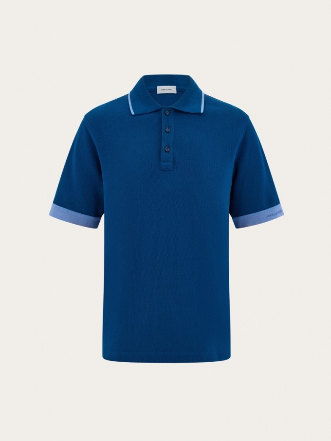 Ferragamo | Men's Polo Shirt With Contrasting Sleeve Detail - Teal Blue/Oxford Blue