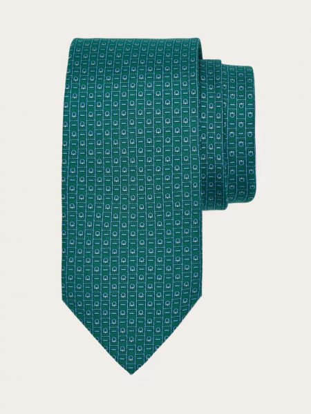 Ferragamo | Men's Monogram Print Silk Tie - Green/Light Blue