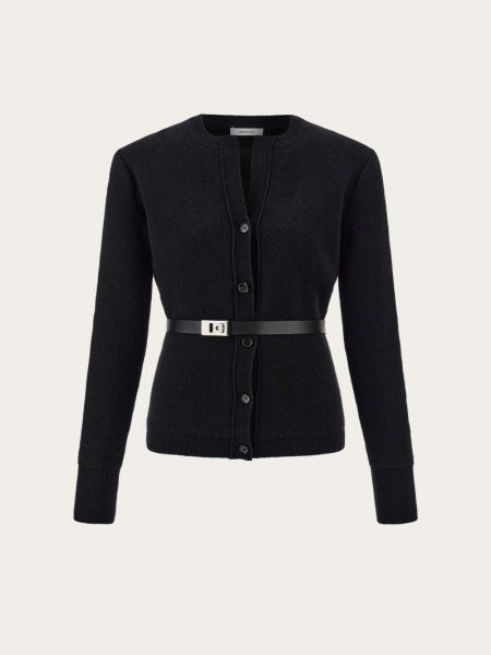 Ferragamo | Women's Pure Wool Cardigan With Leather Belt - Black