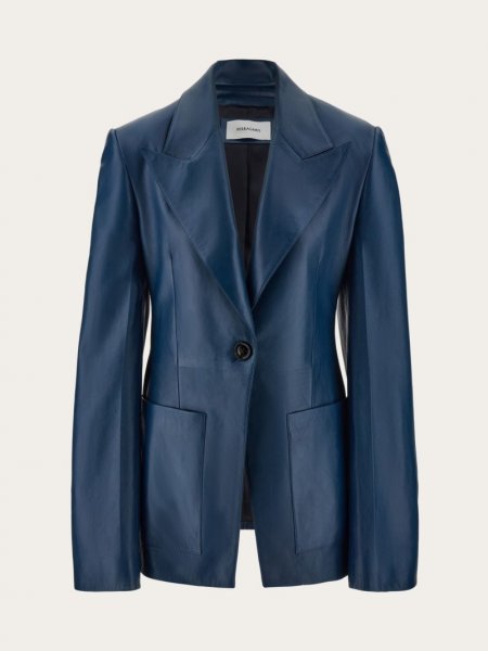 Ferragamo | Women's Single Breasted Leather Blazer - Teal Blue