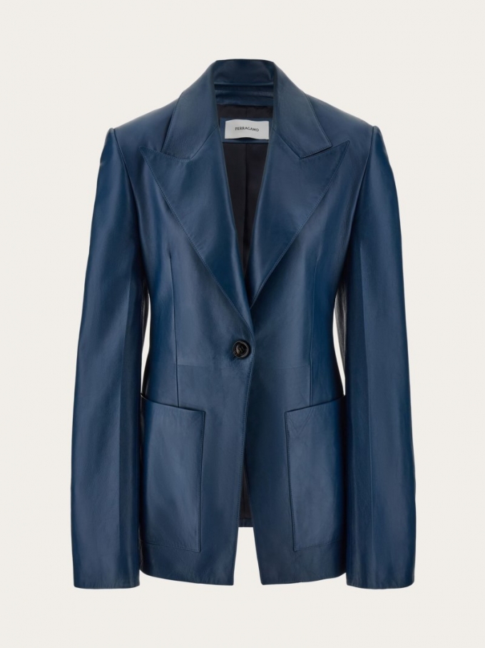 Ferragamo | Women's Single Breasted Leather Blazer - Teal Blue