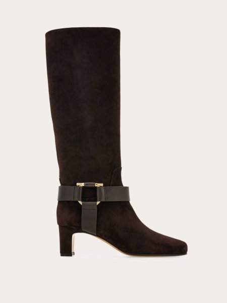 Ferragamo | Women's Gancini Ornament Knee High Boot - Dark Brown