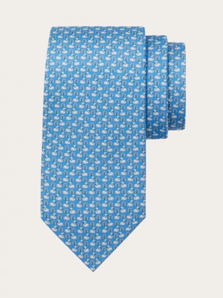 Ferragamo | Men's Swan Print Silk Tie - Light Blue